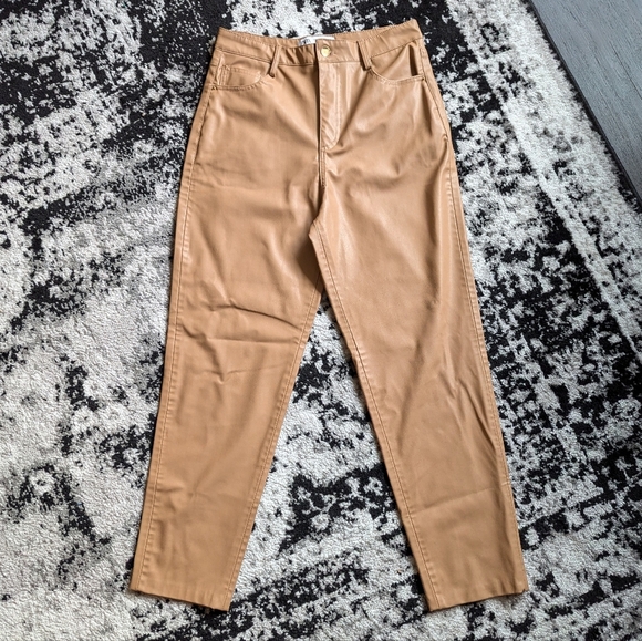 Zara Faux Leather High Rise Straight Leg Pants Camel Tan Women's 28 Like New - Picture 1 of 5